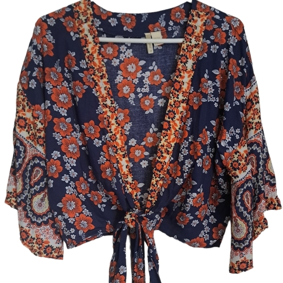 JAPNA bohemian floral flowly orange blues shrug tie shirt top M - Picture 3 of 11